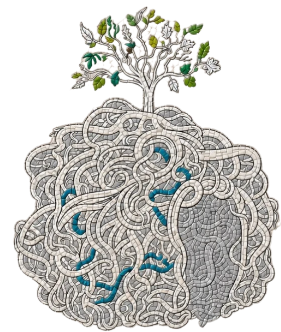 Mosaik-Illustration: ein kleiner Baum über einem dichten Wurzelgeflecht
