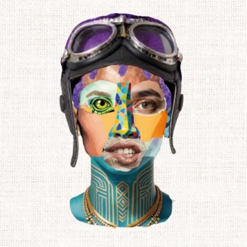 Collage-Porträt von Toni Moldabegga mit Fliegerbrille und Fliegerkappe